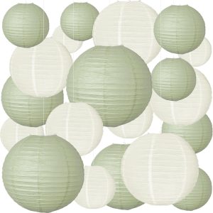 20 PCS Paper Lanterns,Sage Green and Ivory Lanterns for Weddings, Birthday Parties, Home Decoration, Easter, Graduation Ceremonies